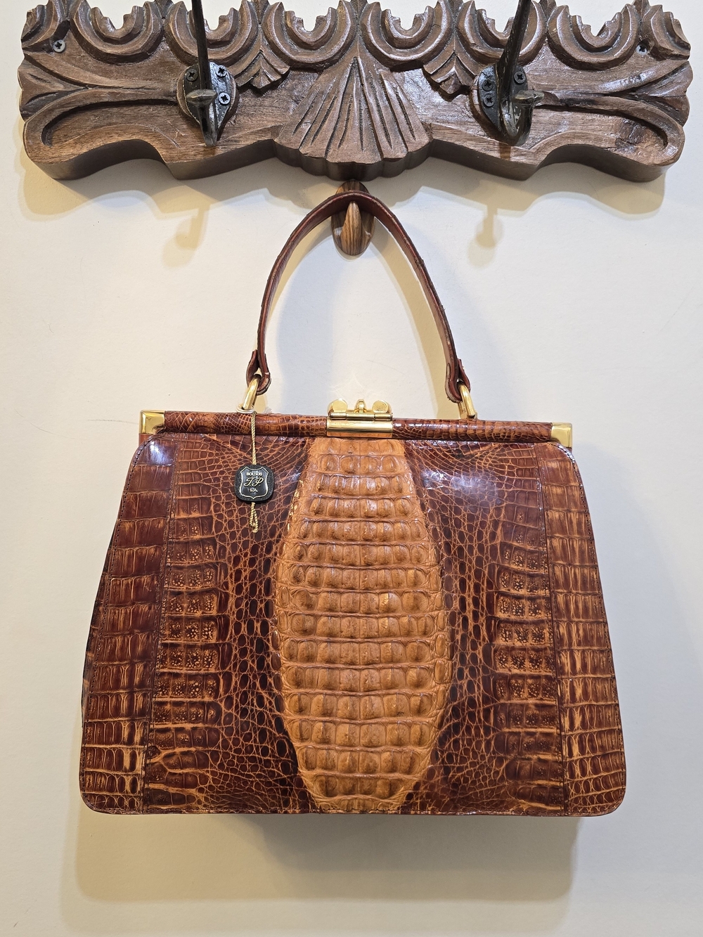 Cognac Croc-Embossed Leather Top-Handle Bag